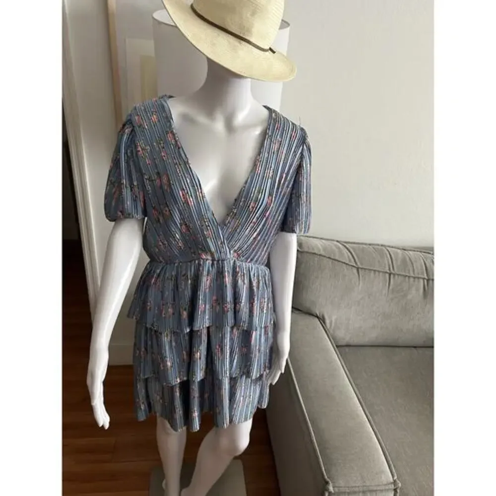 anthropologie blue floral dress Anthropologie Blue Floral Silhouette Maeve Collared Button-Front Belted  Wrap Cropped Balloon Sleeved Maxi Dress